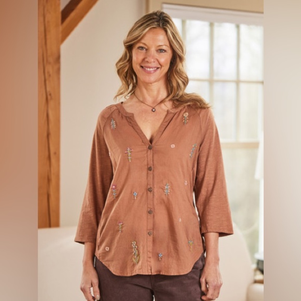 Women's Embroidered Button-Front Knit Top in Light Rust